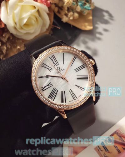 Replica Omega De Ville Tresor Ladies Watch White MOP Dial Diamond Bezel